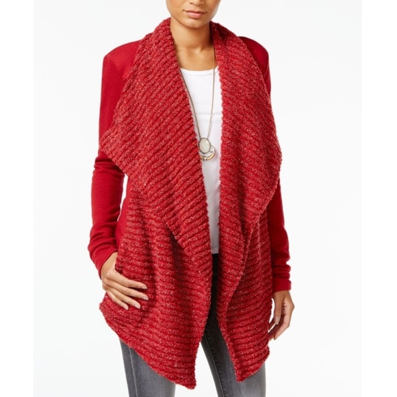 Brand New Lucky Brand Red Metallic Knit Shawl Open Front Drape Cardigan Sweater - Picture 2 of 16